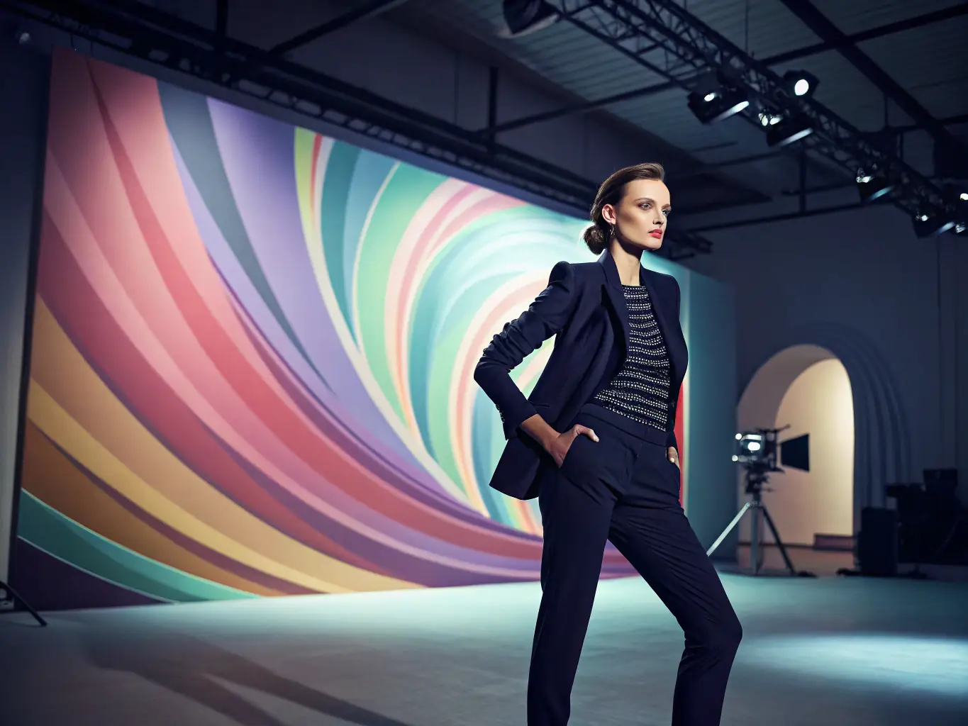A high-fashion editorial shot featuring a model in a bold outfit and dramatic makeup, set against a minimalist background with creative lighting, showcasing Velvet Vibe's fashion photography style.