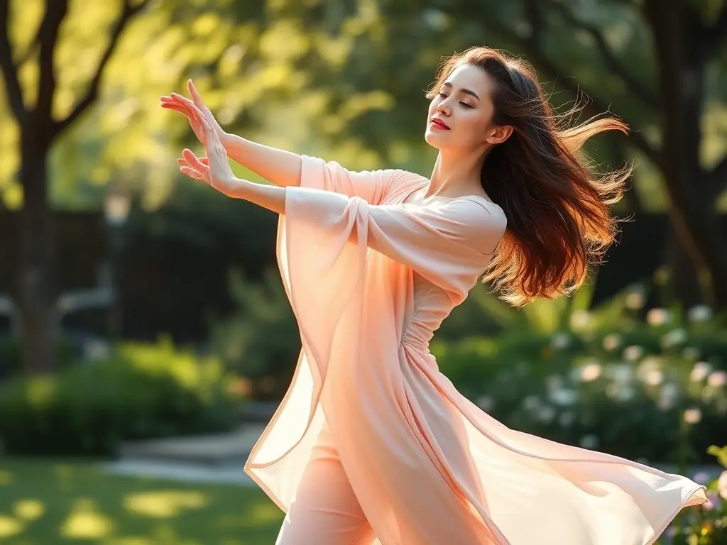 A lifestyle photograph of a woman in a flowing dress, surrounded by flowers in a sunlit garden, capturing a moment of serene beauty and relaxed elegance, reflecting Velvet Vibe's lifestyle photography.