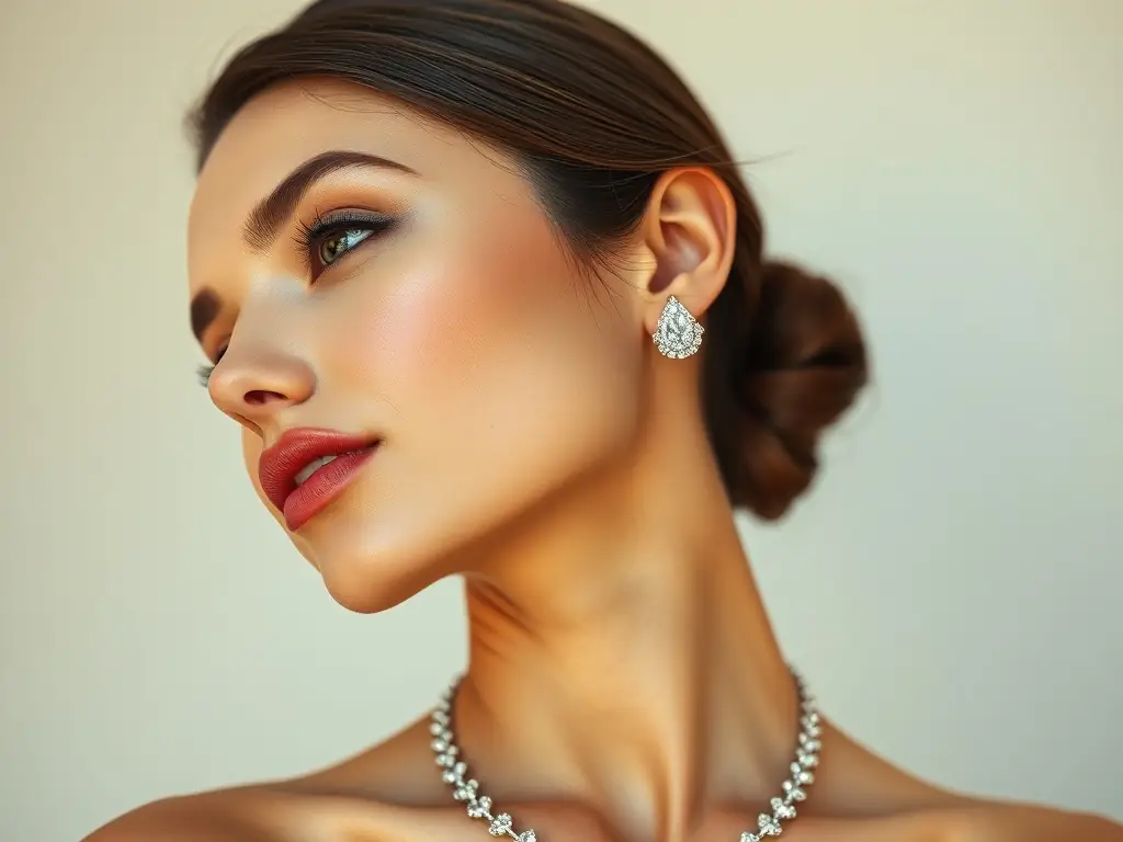 A close-up beauty portrait featuring a woman with soft, natural makeup and elegant jewelry, highlighting the soft glam style of Velvet Vibe. The lighting is soft and diffused, emphasizing her features.